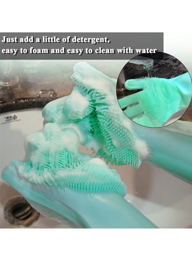Multifunctional Magic Silicone Gloves for Cleaning, Washing Dishes, and Kitchen Use - 2 Pieces, Green - Thick Silicone Gloves with Built-in Brush and Bristles - Image 4