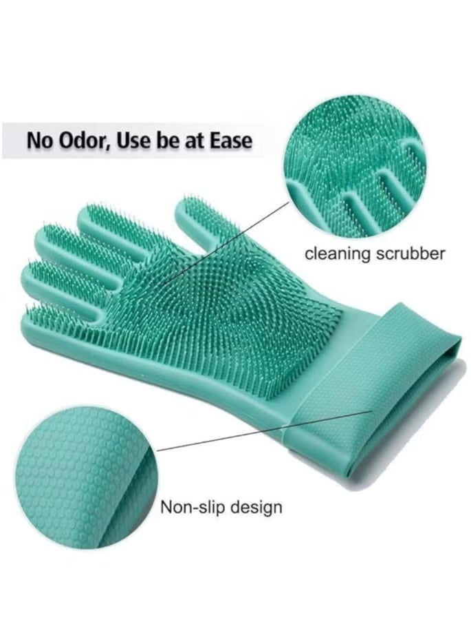 Multifunctional Magic Silicone Gloves for Cleaning, Washing Dishes, and Kitchen Use - 2 Pieces, Green - Thick Silicone Gloves with Built-in Brush and Bristles - Image 3