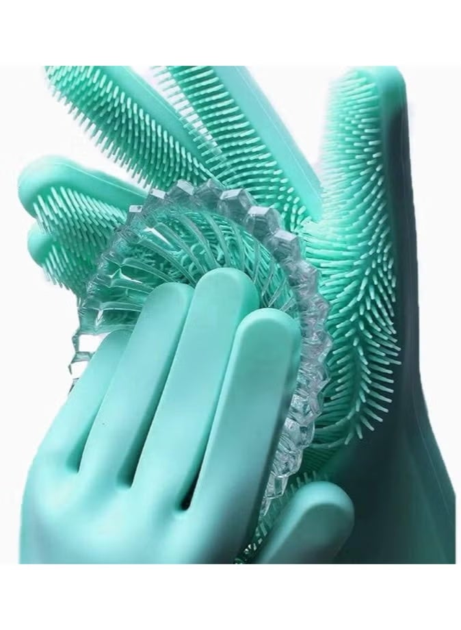 Multifunctional Magic Silicone Gloves for Cleaning, Washing Dishes, and Kitchen Use - 2 Pieces, Green - Thick Silicone Gloves with Built-in Brush and Bristles - Image 2