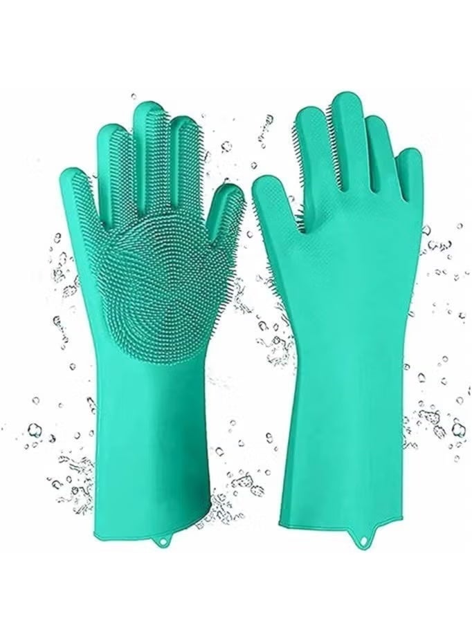 Multifunctional Magic Silicone Gloves for Cleaning, Washing Dishes, and Kitchen Use - 2 Pieces, Green - Thick Silicone Gloves with Built-in Brush and Bristles - Image 1