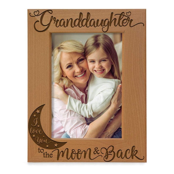GRANDDAUGHTER I LOVE YOU TO THE MOON AND BACK ENGRAVED WOOD PICTURE FRAME GRANDMA GRANDPA GIFTS CHRISTMAS BIRTHDAY MOTHERS DAY FATHERS DAY 5X7 VERTICAL