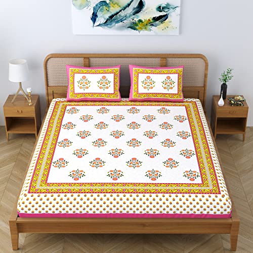 Colorish Cotton Blend Jaipuri Floral Printed 104 TC Double Bedsheet King Size with 2 Pillow Covers, Pink Touch - Image 5