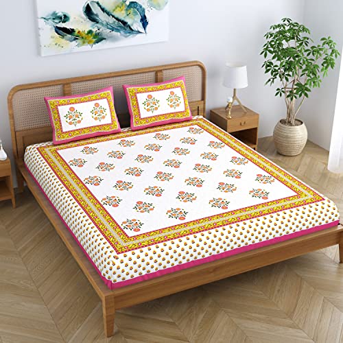 Colorish Cotton Blend Jaipuri Floral Printed 104 TC Double Bedsheet King Size with 2 Pillow Covers, Pink Touch - Image 4