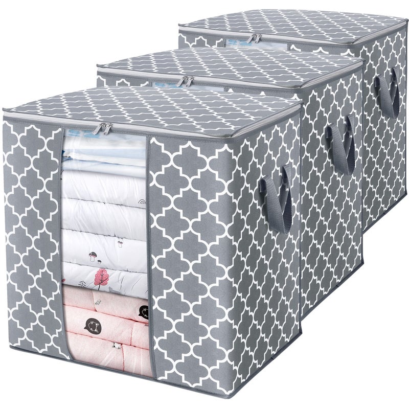 WISELIFE Storage Bags 3 Pack100L Large Blanket Clothes Organization and Storage Containers for ComfortersBedding Foldable Organizer with Reinforced Handle Clear Window Sturdy ZippersLight Gray