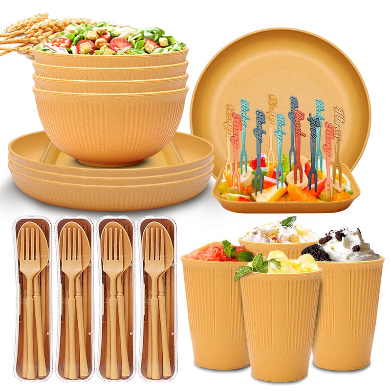 Wheat Straw Tableware Set Household Rice Bowl Plate Cup Student Portable Knife, Fork, Spoon and Chopsticks Gift(Yellow) - Image 1