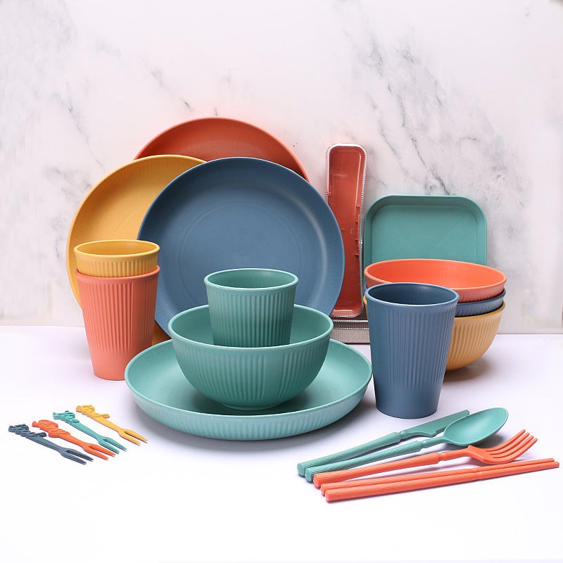 Wheat Straw Tableware Set Household Rice Bowl Plate Cup Student Portable Knife, Fork, Spoon and Chopsticks Gift(Yellow) - Image 5
