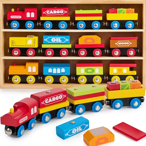 SYNCFUN Montessori Wooden Train Toy Set for Kids, 12PCS Magnetic Train Cars with Storage Gift Box, STEM Educational Toy for Boys & Girls, Ages 2-8 Years, Christmas Birthday Party Gift - Image 1