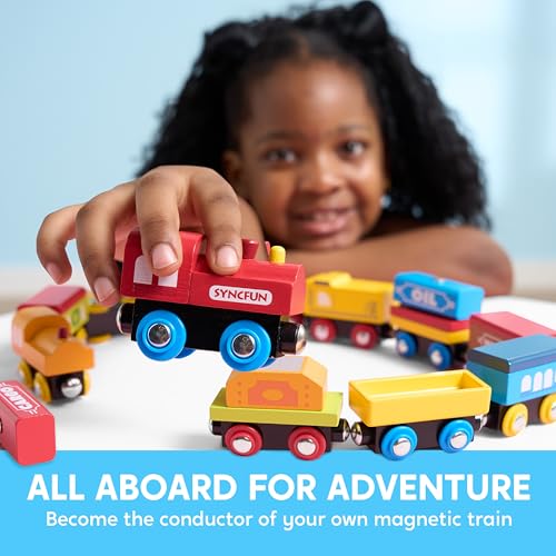 SYNCFUN Montessori Wooden Train Toy Set for Kids, 12PCS Magnetic Train Cars with Storage Gift Box, STEM Educational Toy for Boys & Girls, Ages 2-8 Years, Christmas Birthday Party Gift - Image 2
