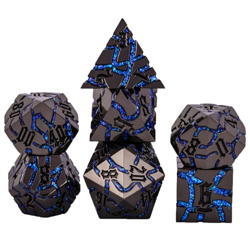 Maywin Cracked Rune Metal Dice Set for DND RPG Dark Fantasy Fractured Design Premium Heavy Metal Polyhedral Dice with Deep Engraved Numbers 7Piece Set Blue Arcane Vein - Image 1