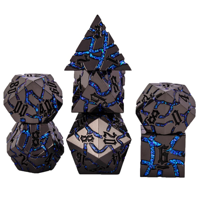 Maywin Cracked Rune Metal Dice Set for DND RPG Dark Fantasy Fractured Design Premium Heavy Metal Polyhedral Dice with Deep Engraved Numbers 7Piece Set Blue Arcane Vein - Image 3