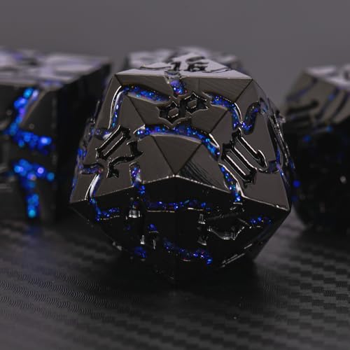 Maywin Cracked Rune Metal Dice Set for DND RPG Dark Fantasy Fractured Design Premium Heavy Metal Polyhedral Dice with Deep Engraved Numbers 7Piece Set Blue Arcane Vein - Image 5