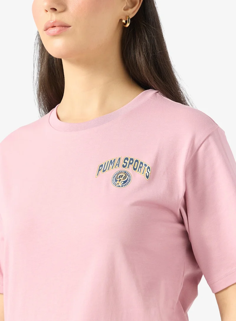 PUMA poised pink Wardrobe Essential Legacy Ii Graphic Relaxed T-Shirt for Women | Best Price UAE