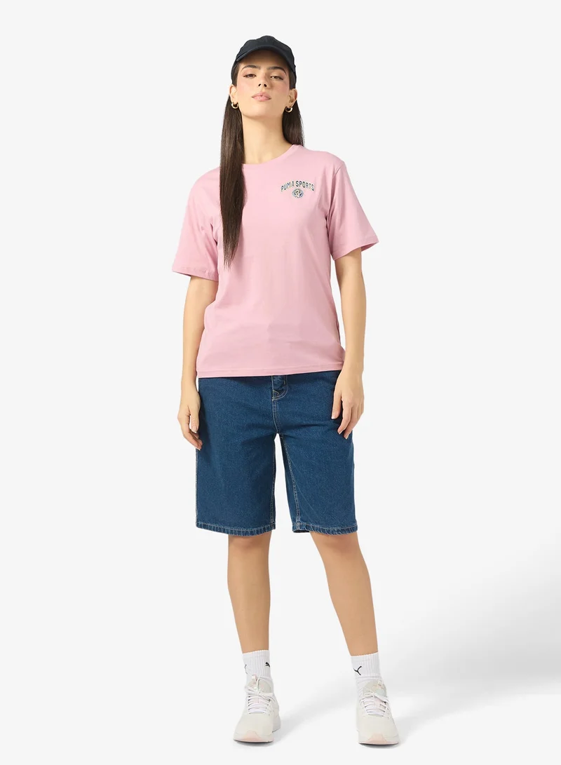 PUMA poised pink Wardrobe Essential Legacy Ii Graphic Relaxed T-Shirt for Women | Best Price UAE