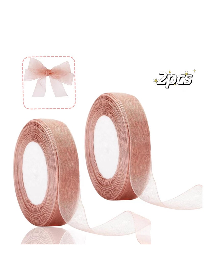 Generic 2pcs Gift Ribbons, Sheer Organza Ribbons, Handmade Ribbons, 2 Pack 50 Yards x 2.5cm Rose Gold Organza Chiffon Ribbons, Mesh Fabric Ribbons for Gift Wrapping, DIY Crafts  - Image 1