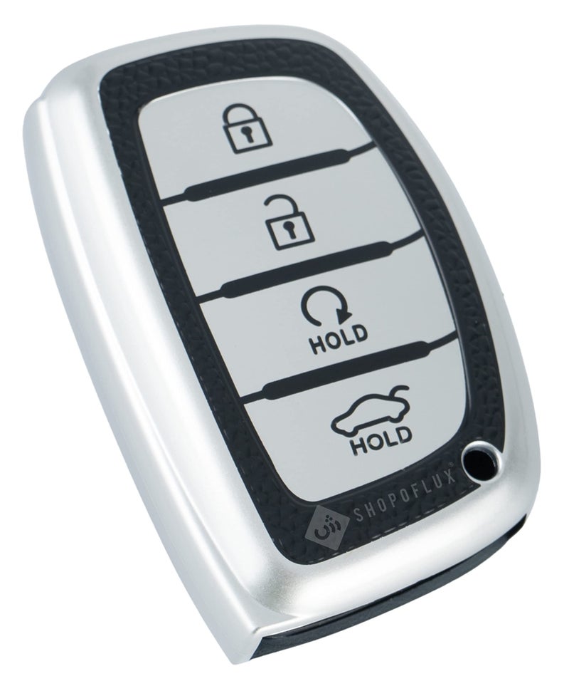 SHOPOFLUX TPU Leather Key Cover Compatible with Hyundai Alcazar and Creta Car 4 Button smart Key (Black Silver) - Image 1