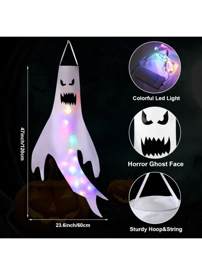 جورونب زينة خارجية للهالوين، عبوة من قطعتين من زينة أشباح الهالوين مع أضواء LED خرافية، جوارب رياح، علم جوارب رياح الهالوين، ديكور حديقة معلق على شكل أشباح مخيفة، مناسب لحفلات الهالوين. - Image 4