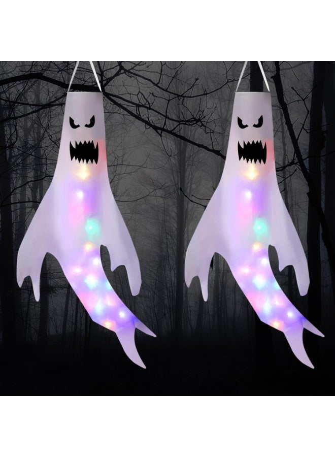 جورونب زينة خارجية للهالوين، عبوة من قطعتين من زينة أشباح الهالوين مع أضواء LED خرافية، جوارب رياح، علم جوارب رياح الهالوين، ديكور حديقة معلق على شكل أشباح مخيفة، مناسب لحفلات الهالوين. - Image 5