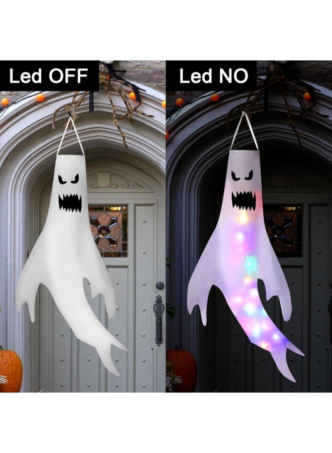 جورونب زينة خارجية للهالوين، عبوة من قطعتين من زينة أشباح الهالوين مع أضواء LED خرافية، جوارب رياح، علم جوارب رياح الهالوين، ديكور حديقة معلق على شكل أشباح مخيفة، مناسب لحفلات الهالوين. - Image 2