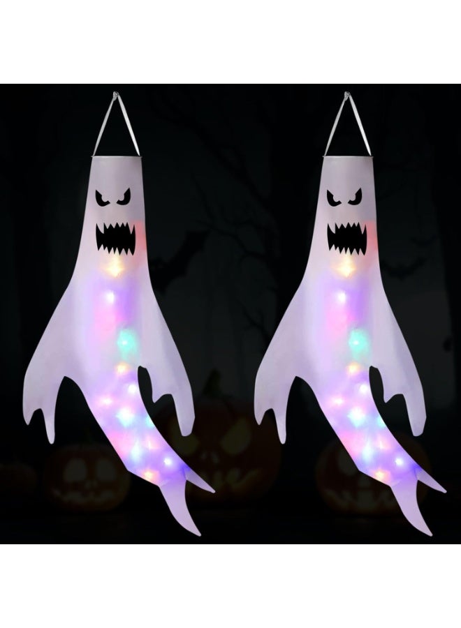 جورونب زينة خارجية للهالوين، عبوة من قطعتين من زينة أشباح الهالوين مع أضواء LED خرافية، جوارب رياح، علم جوارب رياح الهالوين، ديكور حديقة معلق على شكل أشباح مخيفة، مناسب لحفلات الهالوين. - Image 1