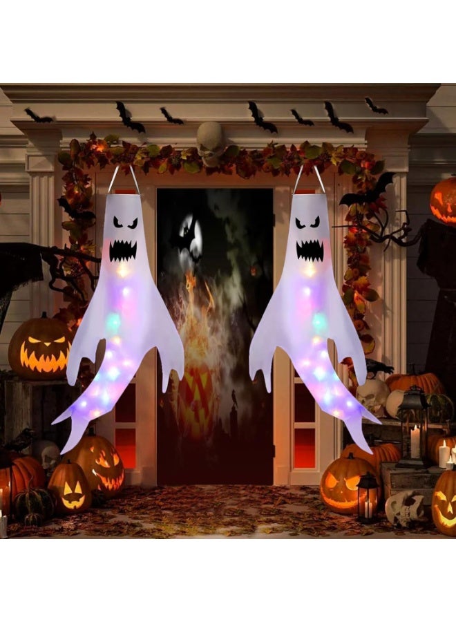 جورونب زينة خارجية للهالوين، عبوة من قطعتين من زينة أشباح الهالوين مع أضواء LED خرافية، جوارب رياح، علم جوارب رياح الهالوين، ديكور حديقة معلق على شكل أشباح مخيفة، مناسب لحفلات الهالوين. - Image 3