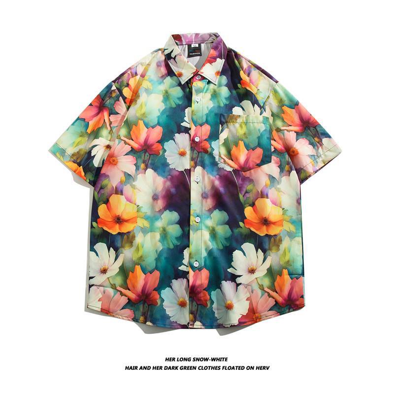 Summer Ins Vintage Floral Printed Short-Sleeved Shirt Men'S Fashion Brand Street Bf Lazy Style Couple Flower Shirt Jacket - Image 1