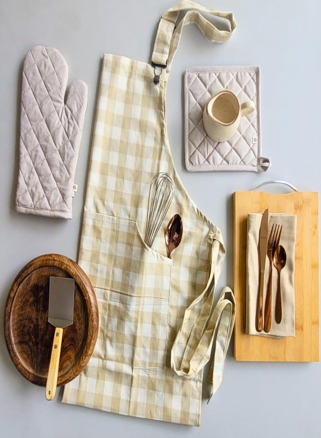 THE YARD HOUSE Spill-resistant Cotton Kitchen Essentials Combo Pack (Model 7) | Aprons with Front Pocket and Adjustable Neck Strap, Quilted Mittens and Pot Holders | Easy to Clean & Durable - Image 1