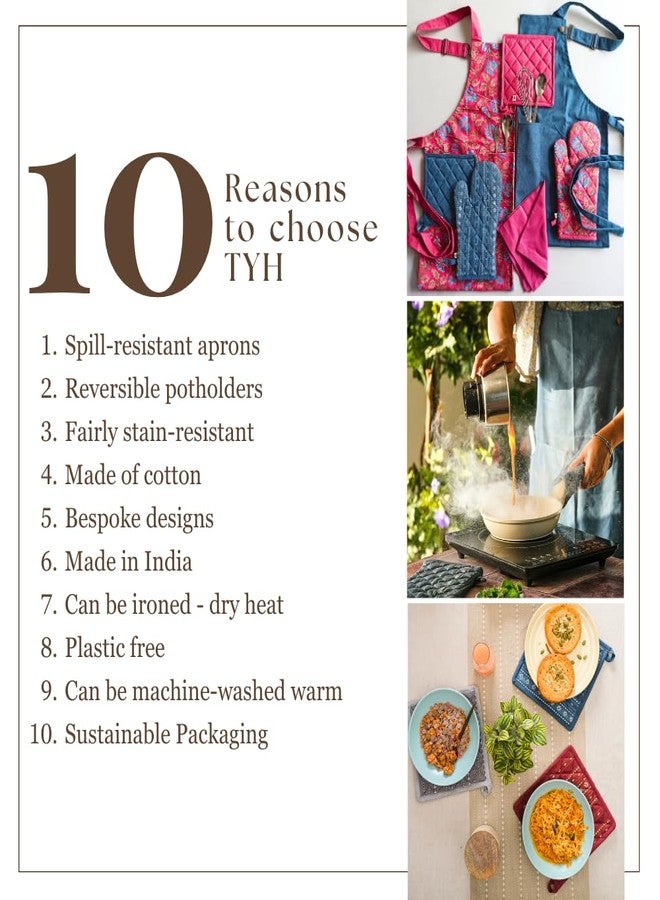 THE YARD HOUSE Spill-resistant Cotton Kitchen Essentials Combo Pack (Model 7) | Aprons with Front Pocket and Adjustable Neck Strap, Quilted Mittens and Pot Holders | Easy to Clean & Durable - Image 2