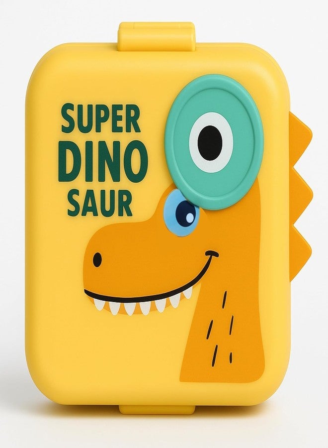 Darkpyro Super Dinosaur Cartoon Kids Lunch Box with Compartments – Air Vent, Spoon, Sauce Container & Stainless Steel Tray – Yellow Dinosaur Design(1100ml+50ml) - Image 1