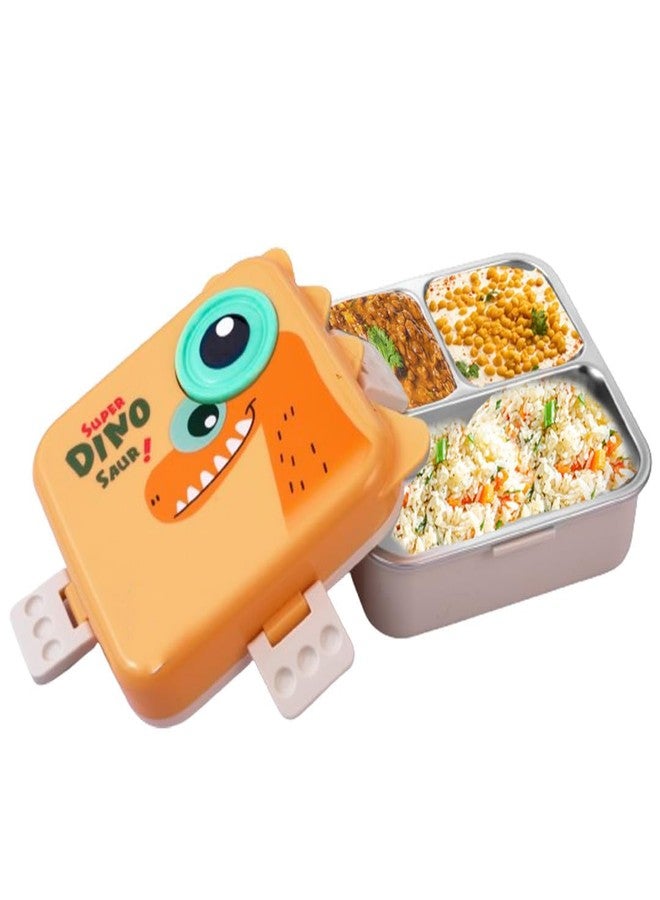 Darkpyro Super Dinosaur Cartoon Kids Lunch Box with Compartments – Air Vent, Spoon, Sauce Container & Stainless Steel Tray – Yellow Dinosaur Design(1100ml+50ml) - Image 2