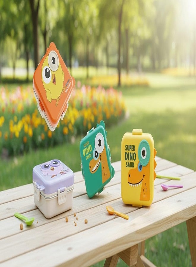 Darkpyro Super Dinosaur Cartoon Kids Lunch Box with Compartments – Air Vent, Spoon, Sauce Container & Stainless Steel Tray – Yellow Dinosaur Design(1100ml+50ml) - Image 3