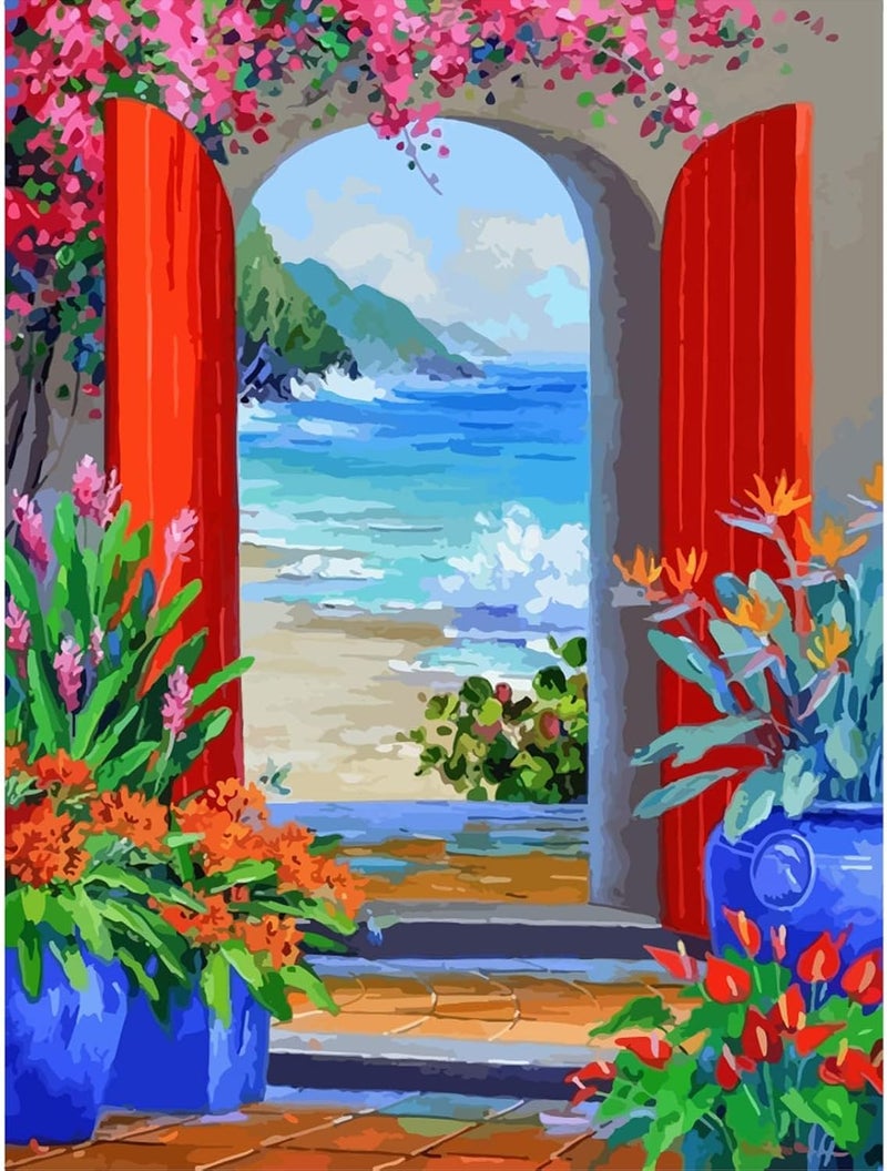 HZYH مجموعة الرسم بالرقم ذاتية الصنع، طقم مبتدئين بالأكريليك، تصميم شاطئ بمقاس 16×20 بوصة للرسم الزيتي السهل، هدية ديكور جدار منزلي - Image 1