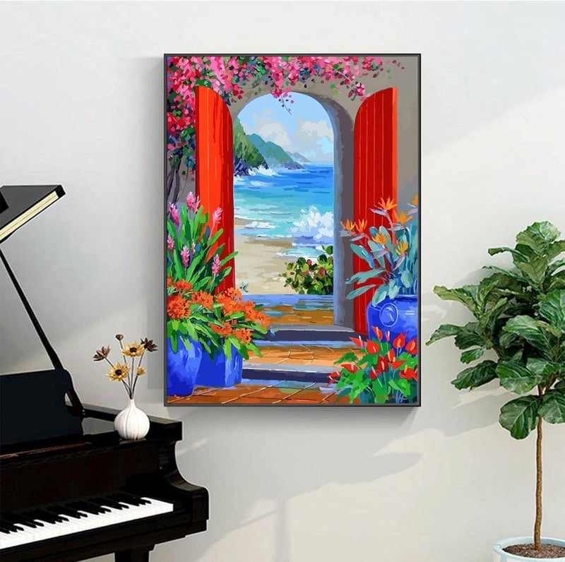 HZYH مجموعة الرسم بالرقم ذاتية الصنع، طقم مبتدئين بالأكريليك، تصميم شاطئ بمقاس 16×20 بوصة للرسم الزيتي السهل، هدية ديكور جدار منزلي - Image 2