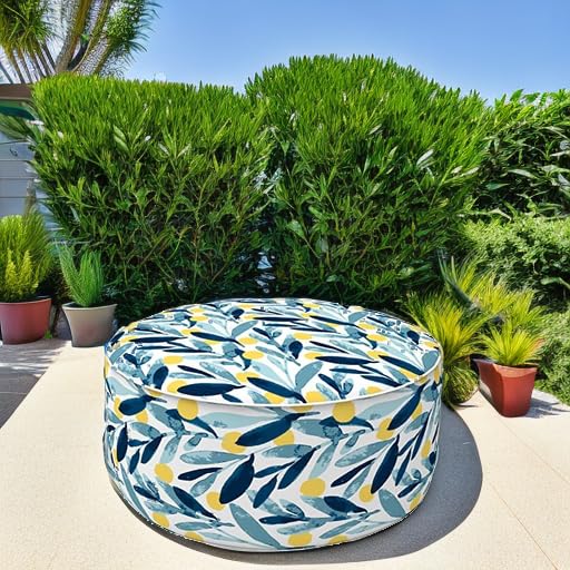 LVTXIII LVTXIII Outdoor/Indoor Inflatable Stool Ottoman, All Weather Patio Footrest Pouf, Portable Round Ottoman for Patio Garden, Camping or Home, D21xH9 Inches, Blue Leaves  - Image 5