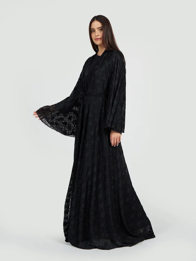 Reem Abayas Luxury Black Lace Overlay Abaya with Scalloped Edging