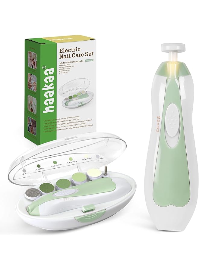 haakaa Baby Nail Trimmer Electric Safe Baby Nail Clippers Baby Nail File Kit Manicure Set Trim Polish Grooming Kit For Newborn Toddler 6 Grinding Heads And Led Light Meadow - Image 1