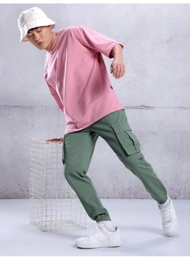 Beyoung Solid Cotton Teal Green Cargo Joggers For Men