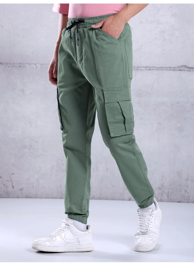 Beyoung Solid Cotton Teal Green Cargo Joggers For Men