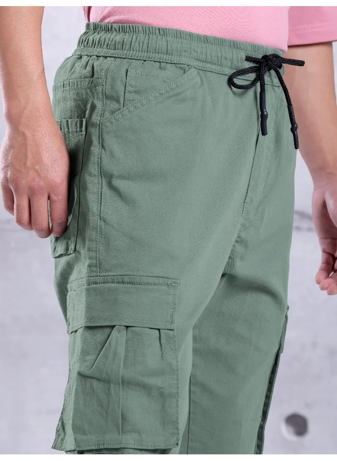Beyoung Solid Cotton Teal Green Cargo Joggers For Men