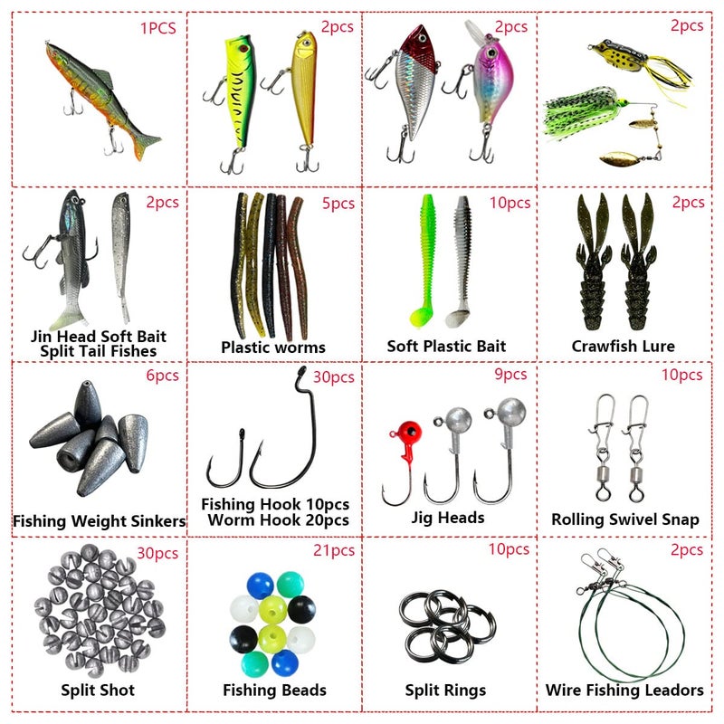UperUper طقم طُعم الصيد UperUper، يشمل الطُعم المتأرجح، والطُعم السطحي، وطُعم الدوار، والديدان، والكرات، والخطافات، وصندوق الطُعم والمزيد من معدات الصيد لجذب سمك الباس والتروت. - Image 2