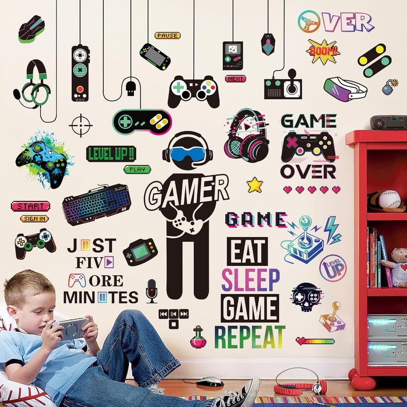decalmile Gamer Wall Decals Gaming Controller Eat Sleep Game Joystick Wall Stickers Kids Bedroom Playroom Boys Room Wall Decor - Image 1
