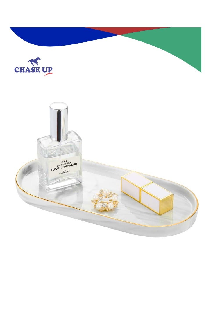 Chase Up Bathroom Vanity Tray, Marble Ceramic Dresser Jewelry Dish with Golden Rim, Decorative Tray Countertop Sink Storage Holder Organizer for Soap Candles Perfume Comestic Home Decor, Marble White - Image 1