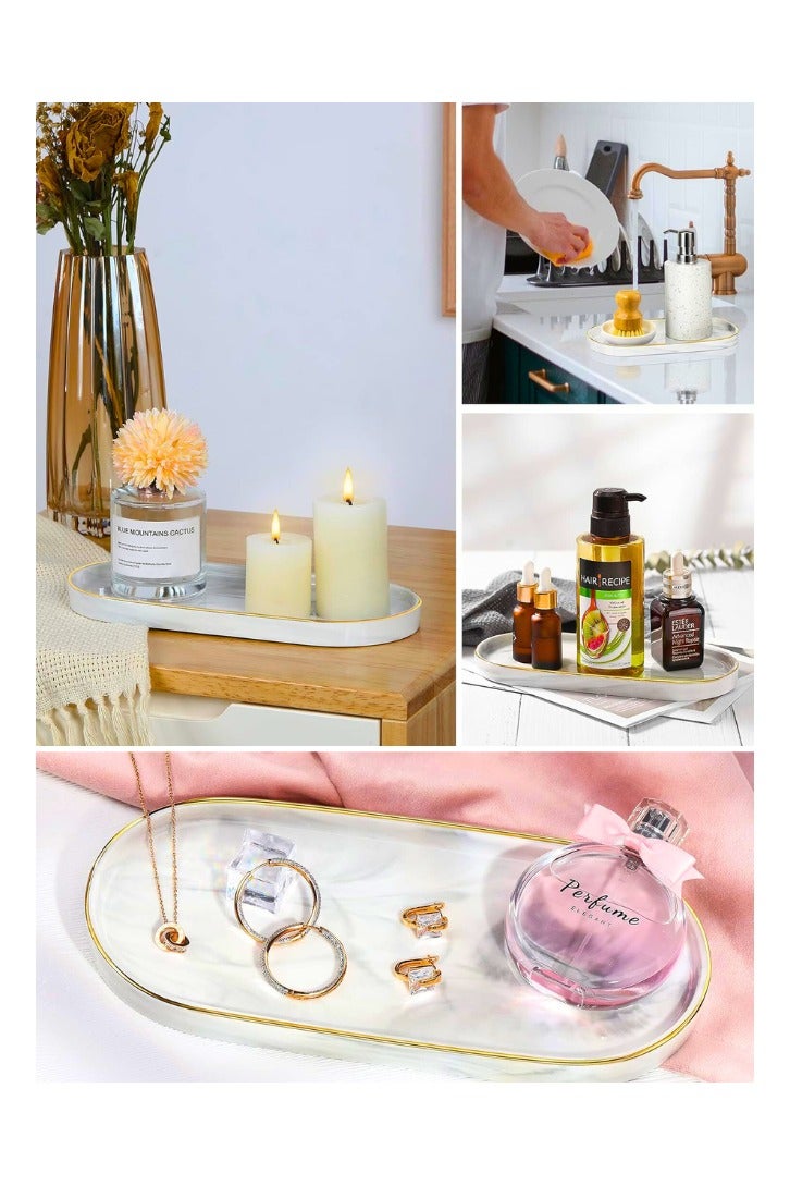 Chase Up Bathroom Vanity Tray, Marble Ceramic Dresser Jewelry Dish with Golden Rim, Decorative Tray Countertop Sink Storage Holder Organizer for Soap Candles Perfume Comestic Home Decor, Marble White - Image 3