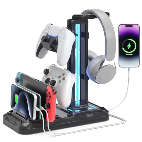 KDD Headset Stand with Charging Station Detachable Controller Holder with 9 Light Modes Rotatable Headphone Hanger with USB AC Charger Ports Earphone Hook for PC Gaming Accessories Storage - Image 1
