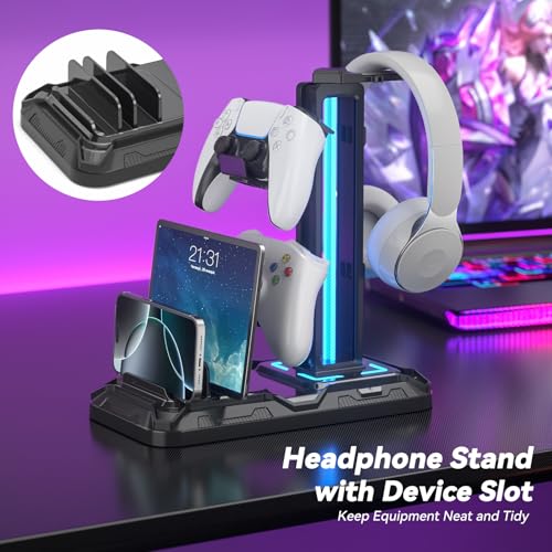 KDD Headset Stand with Charging Station Detachable Controller Holder with 9 Light Modes Rotatable Headphone Hanger with USB AC Charger Ports Earphone Hook for PC Gaming Accessories Storage - Image 3