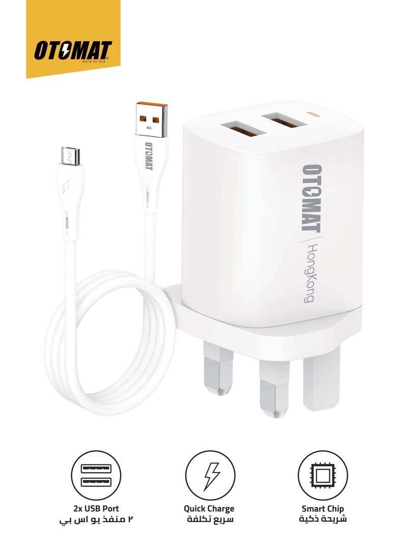 OTOMAT Dual USB 2.4A Fast Charger with USB to Micro Cable – Charge Two Devices Simultaneously, Mobile Charger, Power Bank, Fast Charging for iPhone, Android, Tablets – Black - Image 1