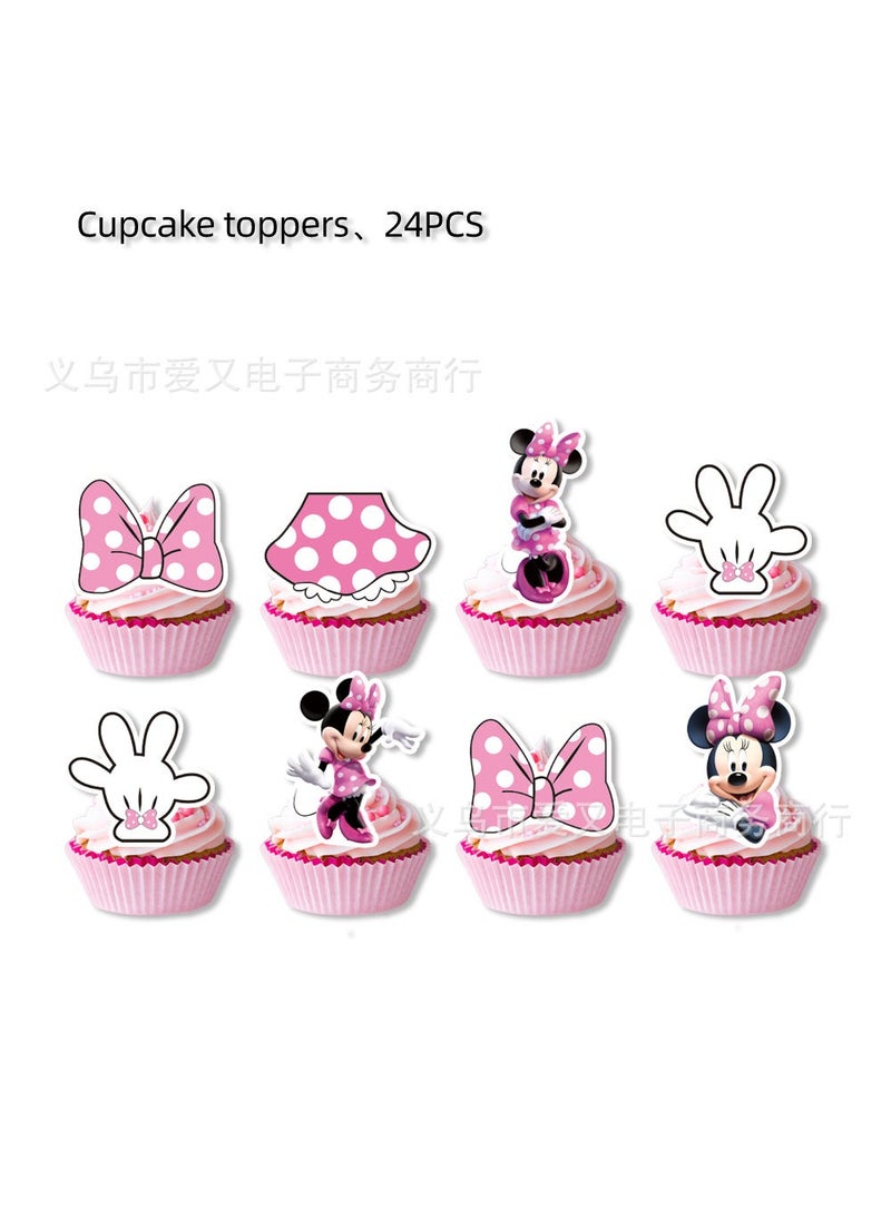 dishi Pink Minnie Mickey Mouse Birthday Party Decoration Banner Cake Insert Balloon Party Supplies Small insert 24PCs-pink Minnie 