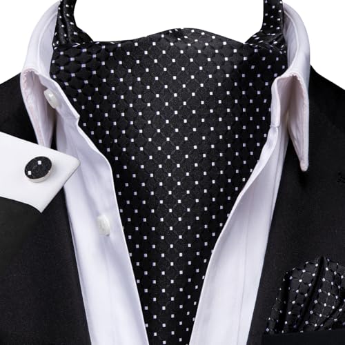 Hi-Tie Mens Black and White Polka Dot Ascot Self Tie Silk Cravat and Picket Square Cufflinks Set for Wedding Party - Image 2