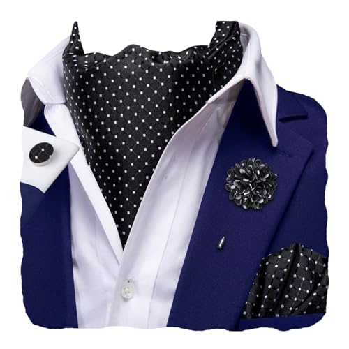 Hi-Tie Mens Black and White Polka Dot Ascot Self Tie Silk Cravat and Picket Square Cufflinks Set for Wedding Party - Image 1