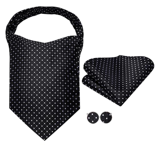 Hi-Tie Mens Black and White Polka Dot Ascot Self Tie Silk Cravat and Picket Square Cufflinks Set for Wedding Party - Image 3