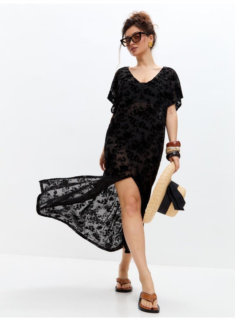 AURA Women’s Beach Dress – Lightweight Summer Kaftan Cover Up, Free Size, Black Floral Mesh – Perfect for Beach, Resort & Poolside - Image 1